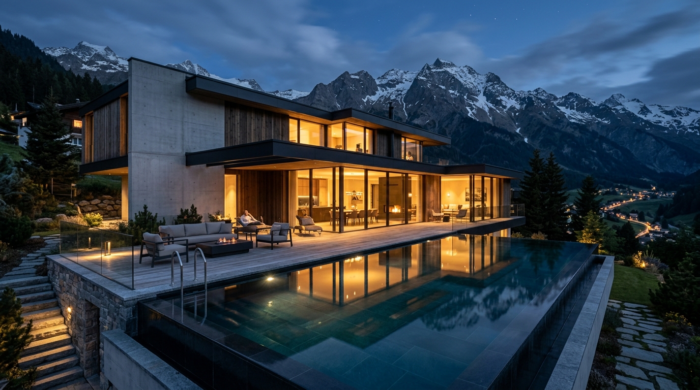 Exklusive Schweizer Villa bei Nacht mit beleuchteten Panoramafenstern