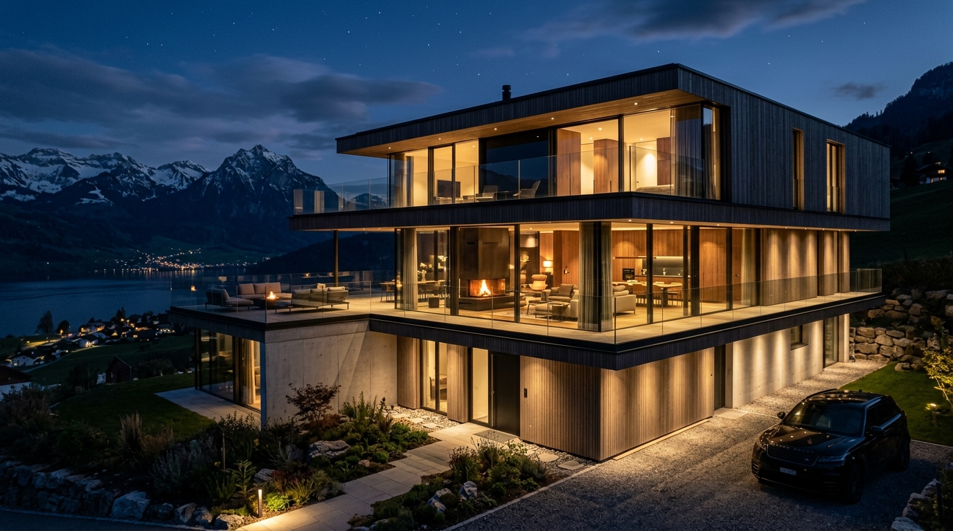 Moderne Schweizer Architektur mit rahmenlosen Schiebefenstern im Abendlicht