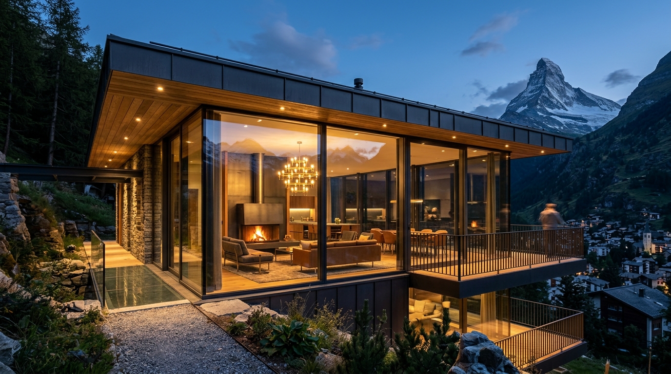 Designhaus in den Schweizer Bergen mit eleganter Glasfassade bei Dämmerung